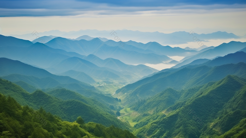 蓝天白云下的绿色大自然绵延不断的山脉,高清,摄影图,摄影图片,图片大全,摄影图免费下载